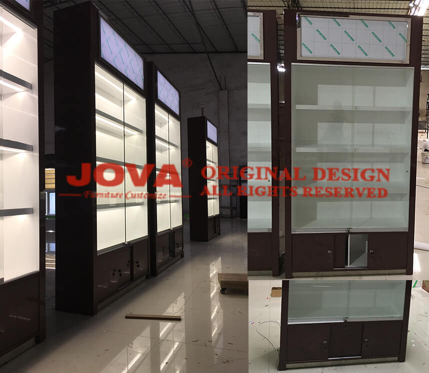 wall display case with glass doors